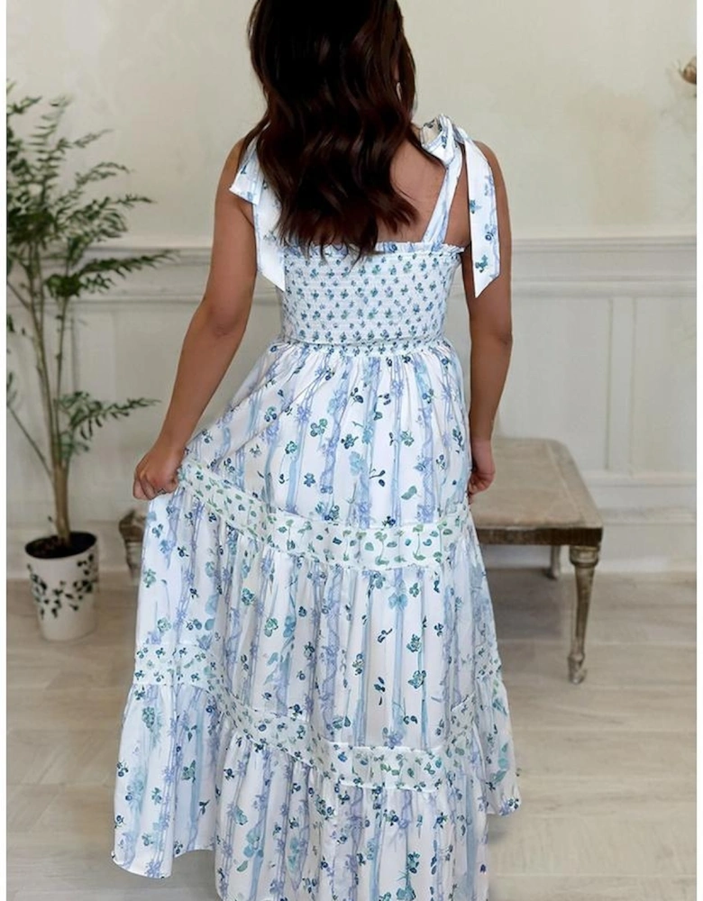 Sky Blue Floral Smocked Tied Straps A-Lined Tiered Maxi Dress
