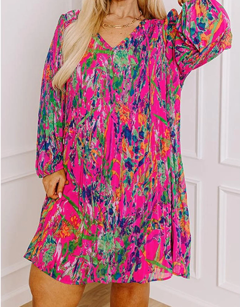Rose Plus Size Abstract Floral Print Pleated Loose Dress