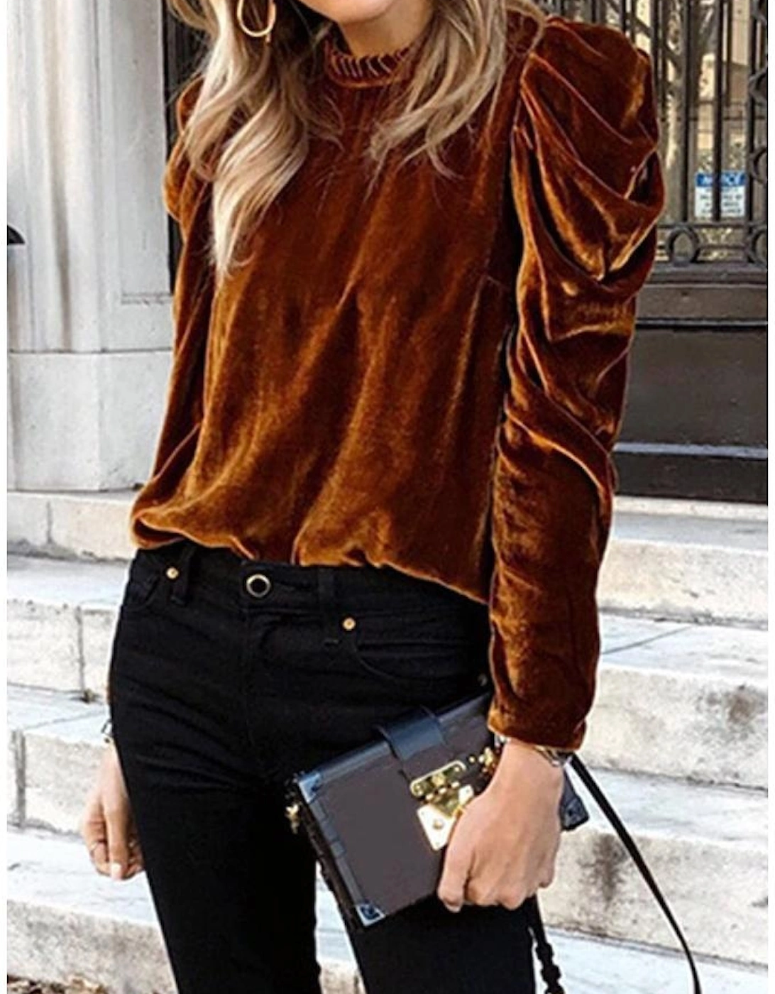 Chestnut Frilled Collar Puff Sleeve Velvet Top