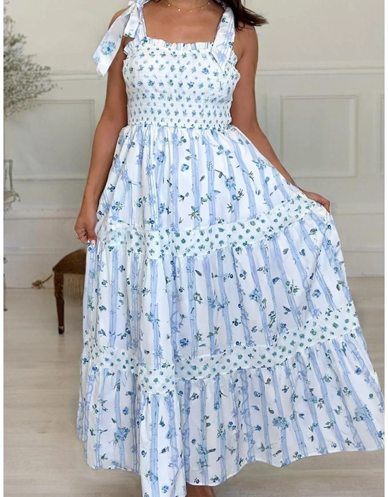 Sky Blue Floral Smocked Tied Straps A-Lined Tiered Maxi Dress