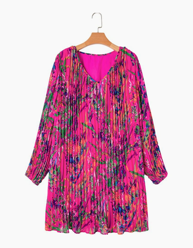 Rose Plus Size Abstract Floral Print Pleated Loose Dress