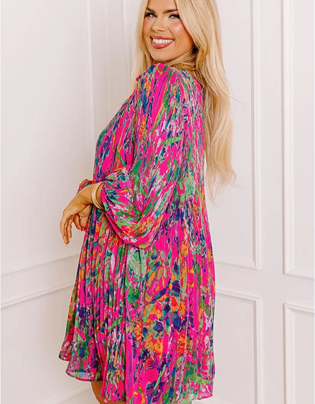 Rose Plus Size Abstract Floral Print Pleated Loose Dress