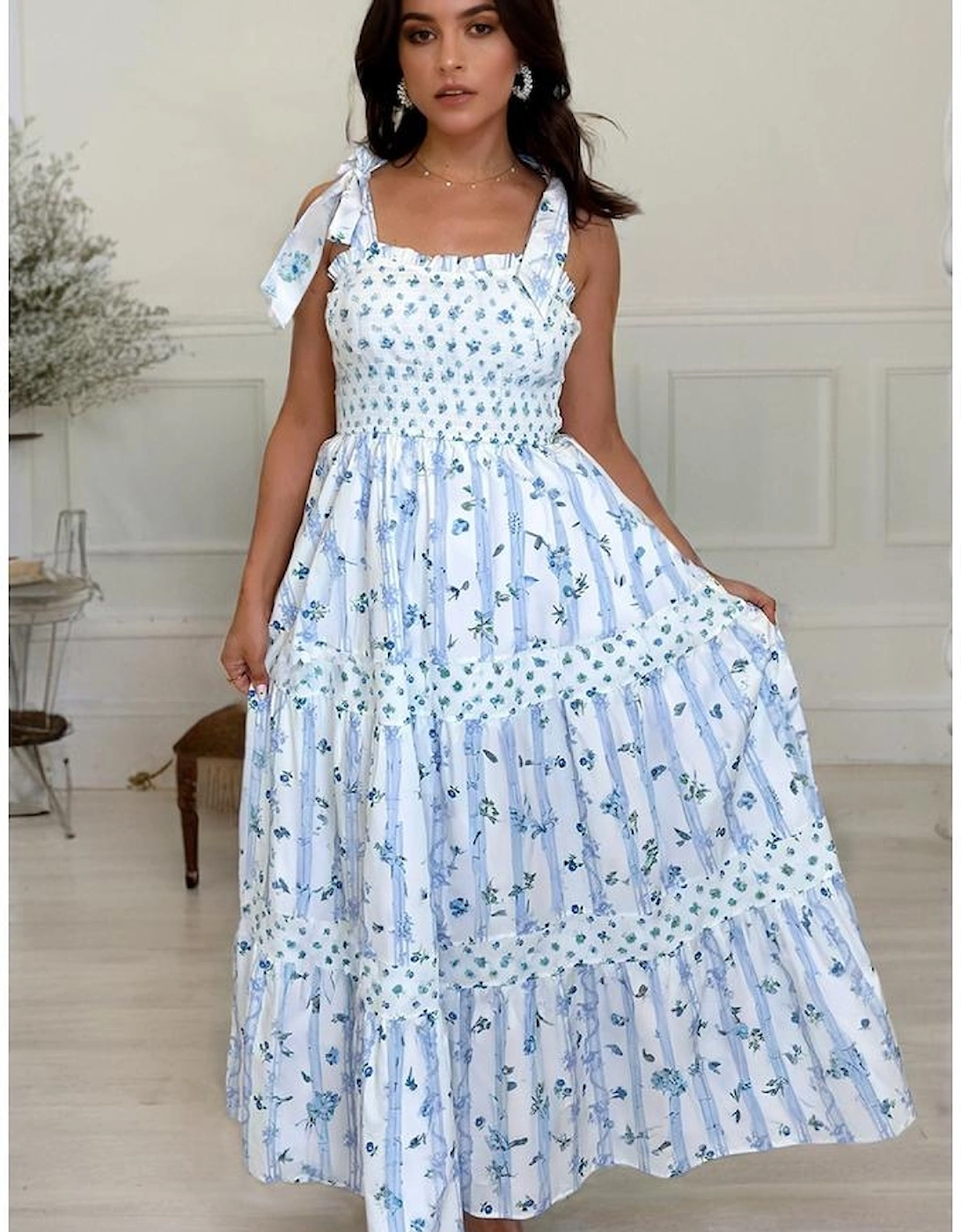 Sky Blue Floral Smocked Tied Straps A-Lined Tiered Maxi Dress