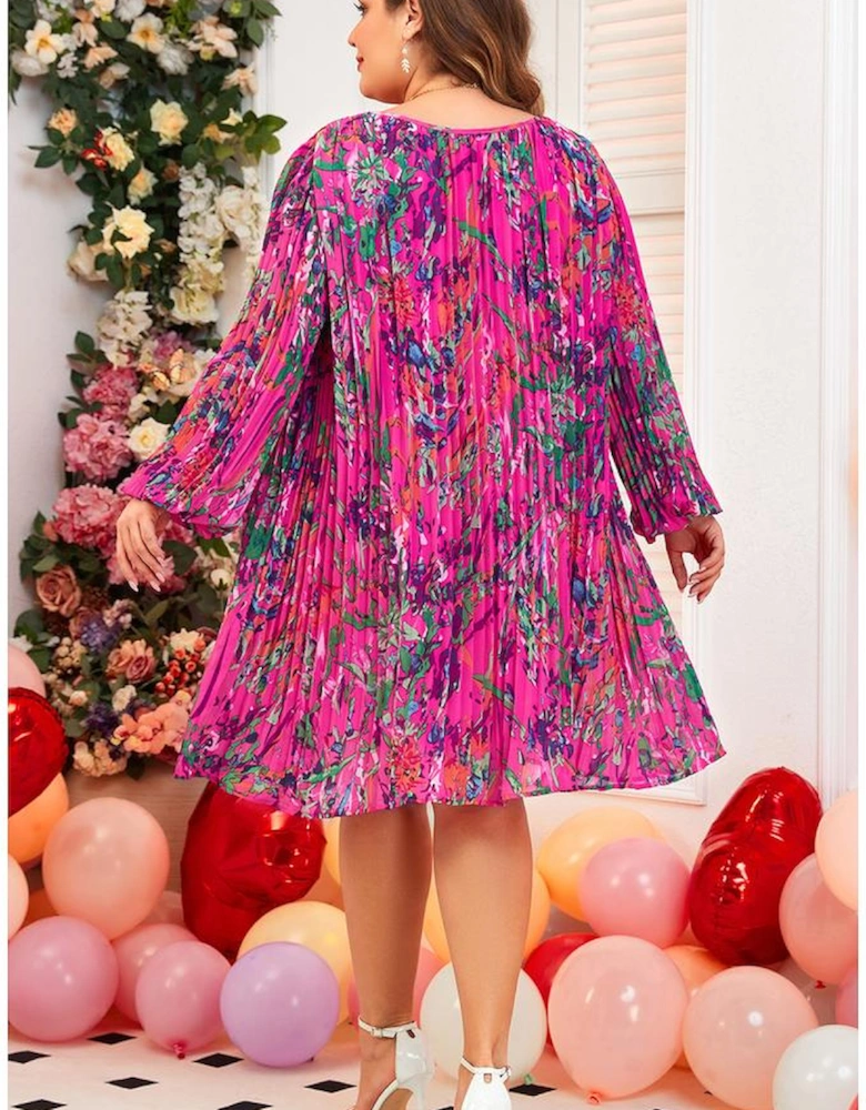 Rose Plus Size Abstract Floral Print Pleated Loose Dress