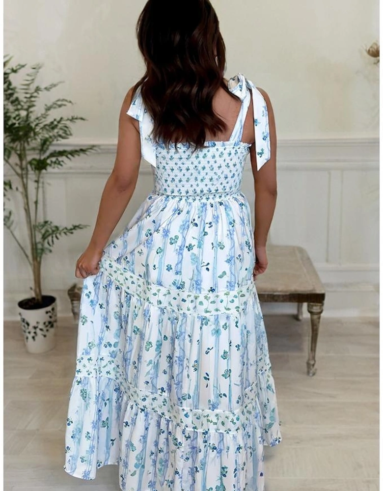 Sky Blue Floral Smocked Tied Straps A-Lined Tiered Maxi Dress
