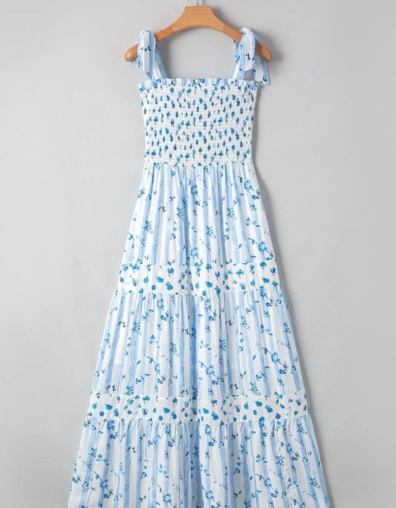 Sky Blue Floral Smocked Tied Straps A-Lined Tiered Maxi Dress