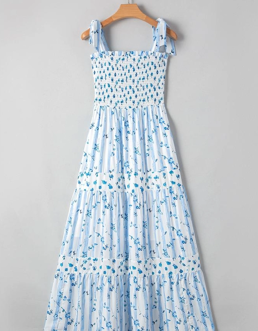 Sky Blue Floral Smocked Tied Straps A-Lined Tiered Maxi Dress
