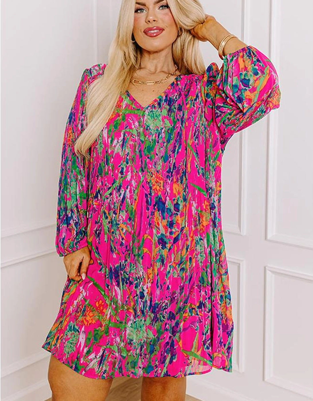 Rose Plus Size Abstract Floral Print Pleated Loose Dress