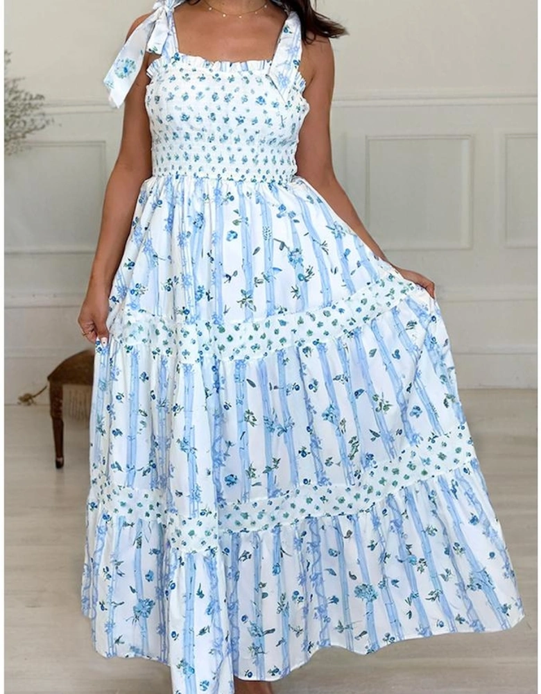 Sky Blue Floral Smocked Tied Straps A-Lined Tiered Maxi Dress