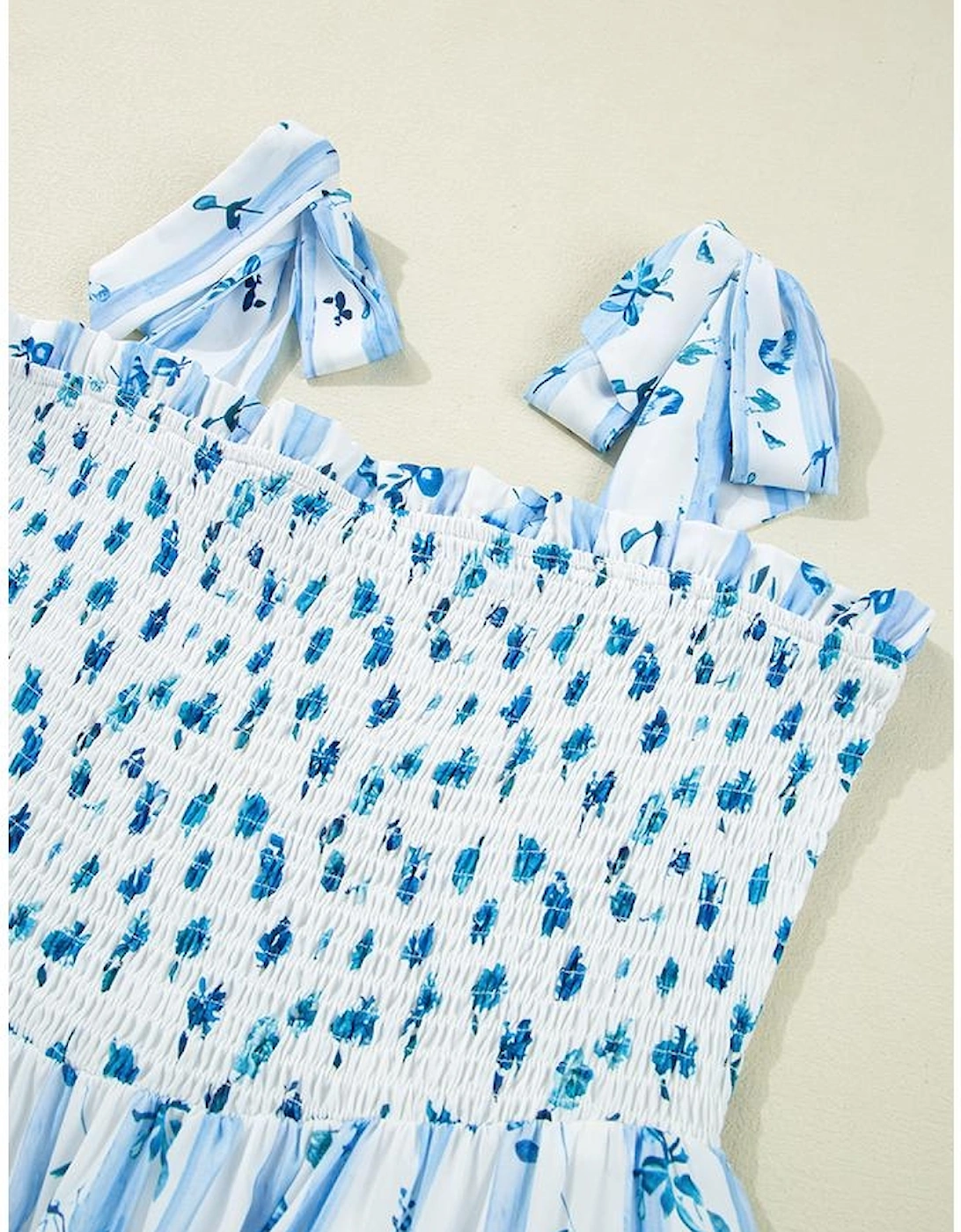 Sky Blue Floral Smocked Tied Straps A-Lined Tiered Maxi Dress