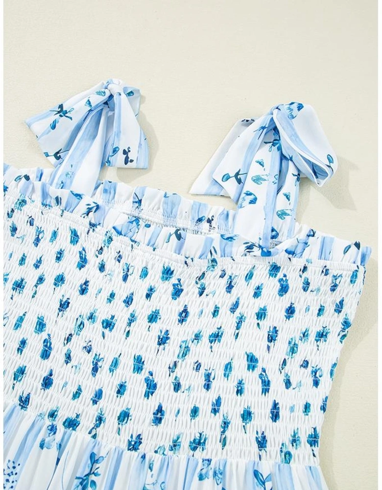 Sky Blue Floral Smocked Tied Straps A-Lined Tiered Maxi Dress