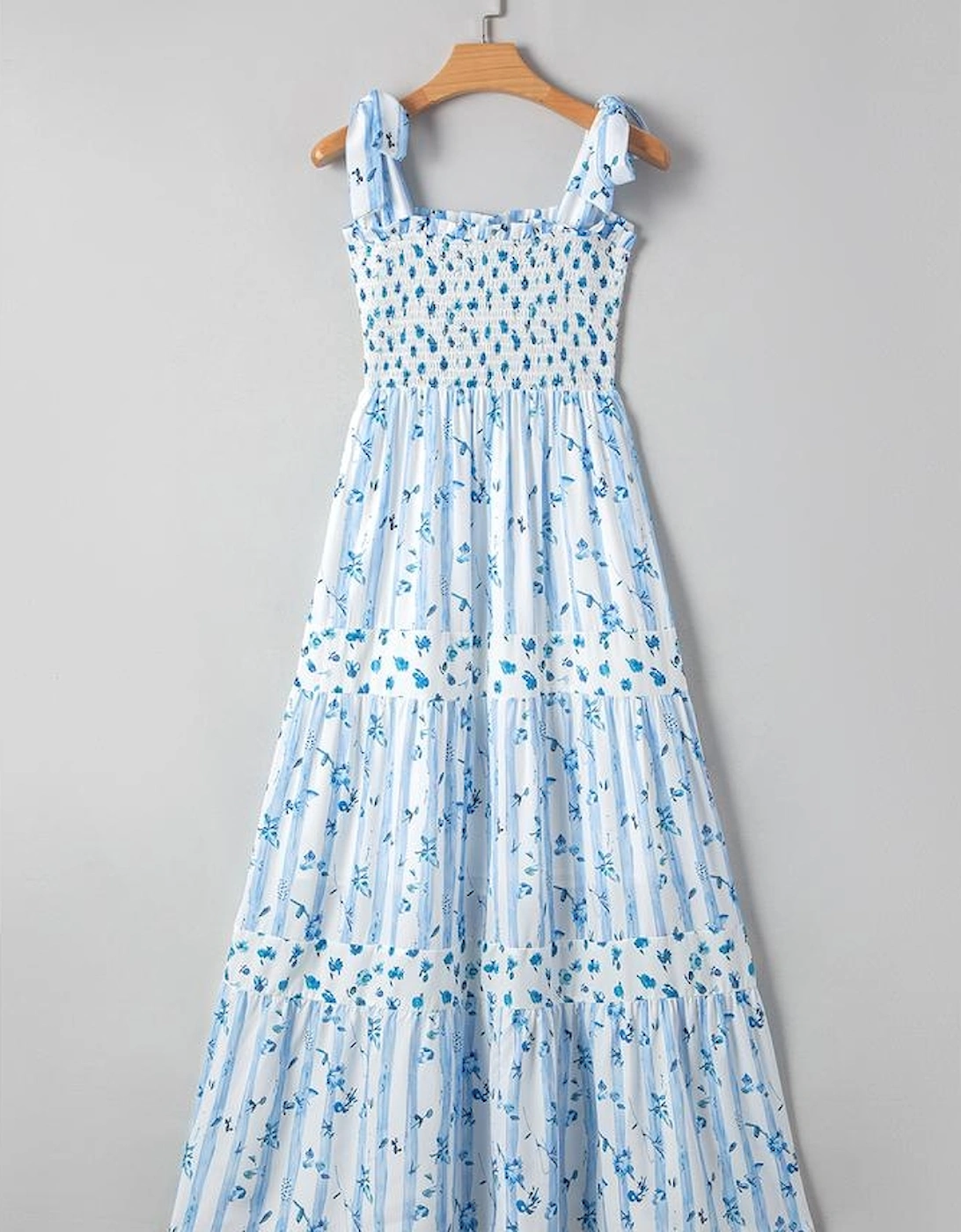 Sky Blue Floral Smocked Tied Straps A-Lined Tiered Maxi Dress