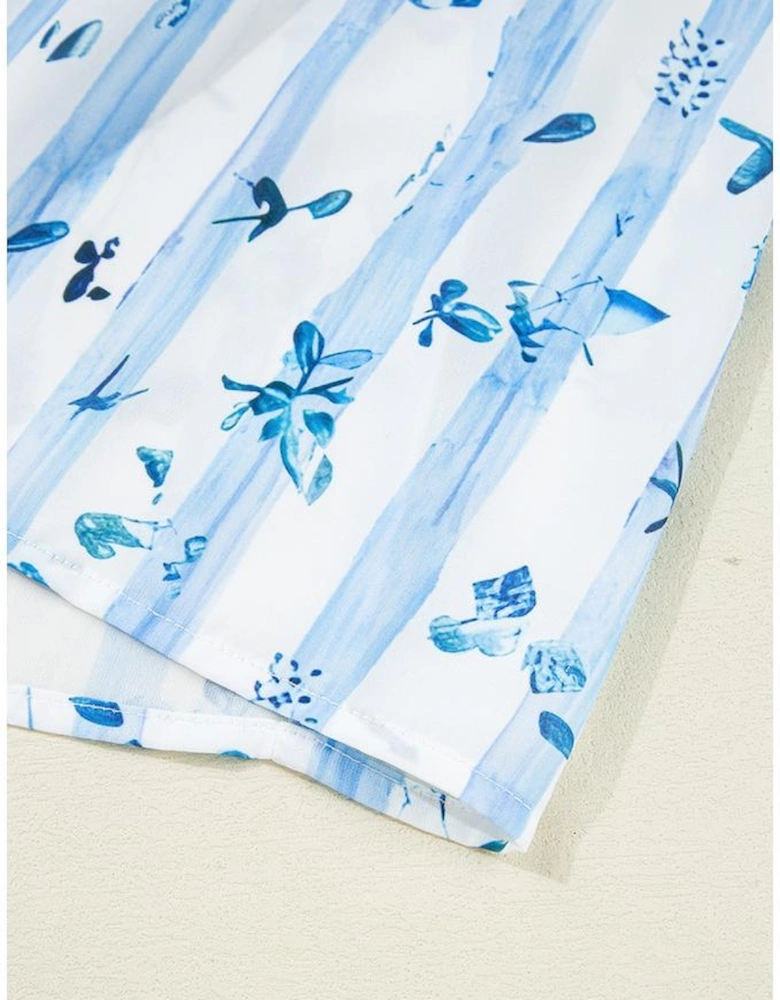 Sky Blue Floral Smocked Tied Straps A-Lined Tiered Maxi Dress