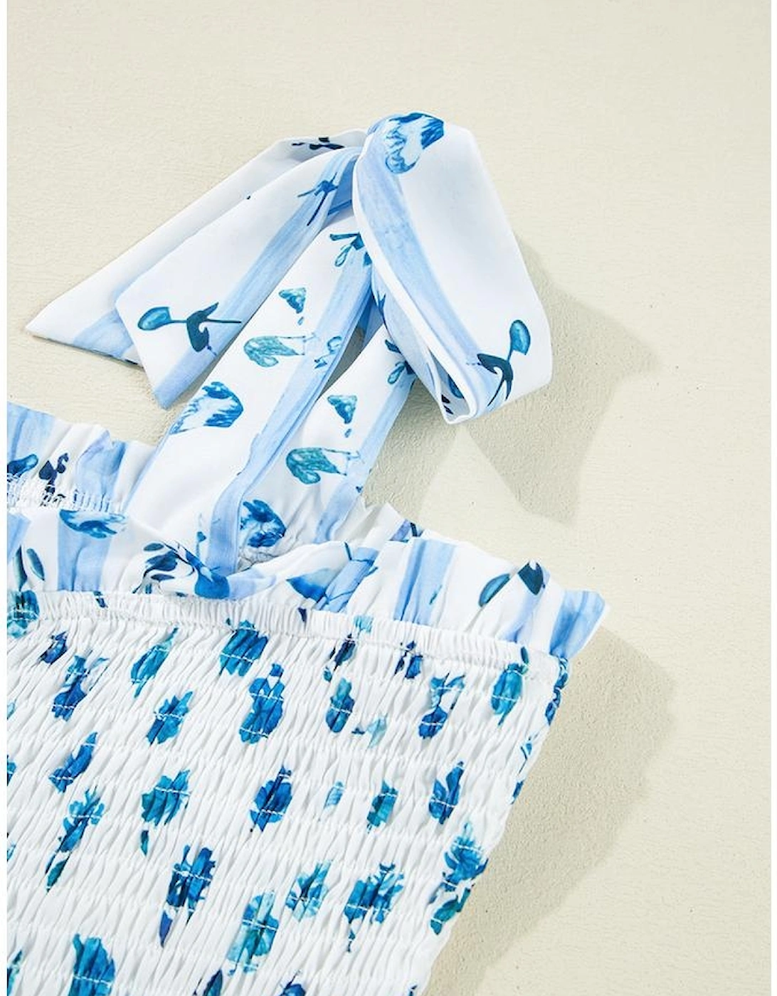 Sky Blue Floral Smocked Tied Straps A-Lined Tiered Maxi Dress