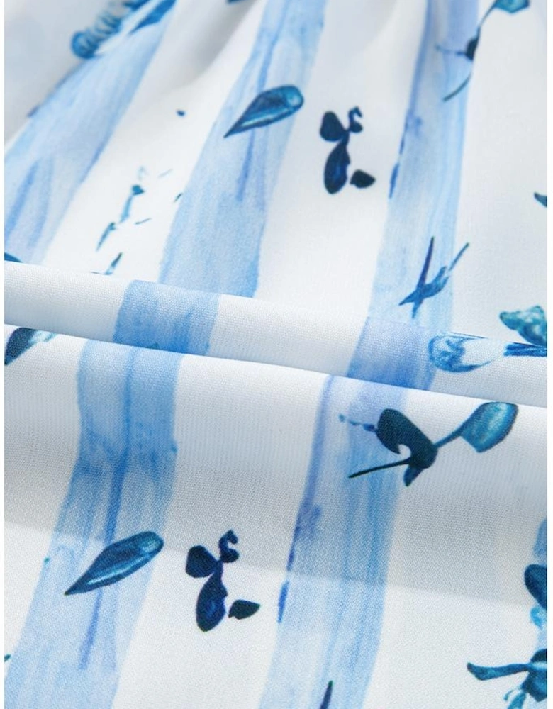 Sky Blue Floral Smocked Tied Straps A-Lined Tiered Maxi Dress