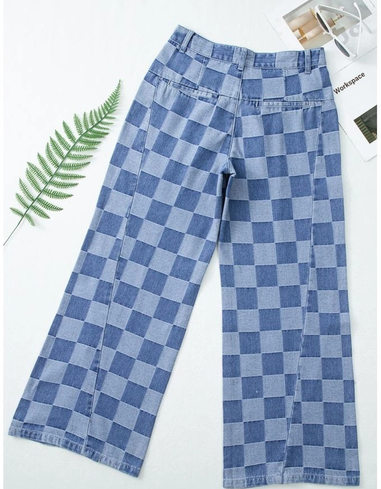 Dusk Blue Checkered Denim Wide Leg Jeans