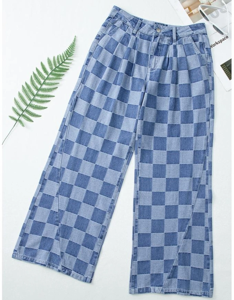 Dusk Blue Checkered Denim Wide Leg Jeans