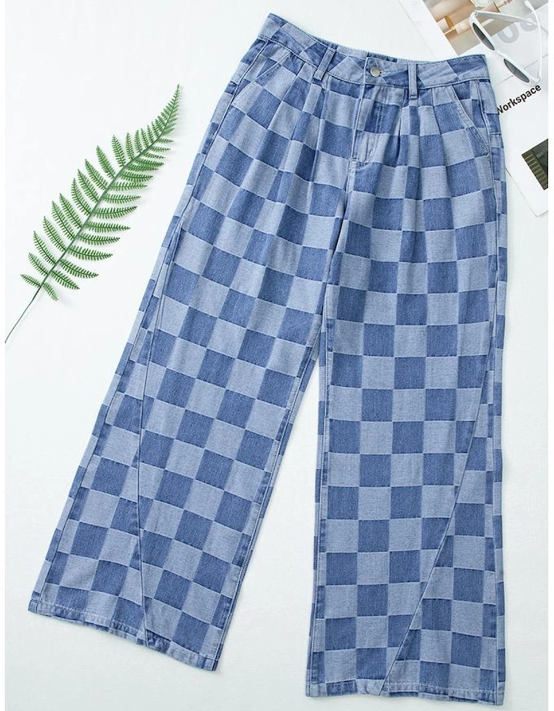 Dusk Blue Checkered Denim Wide Leg Jeans