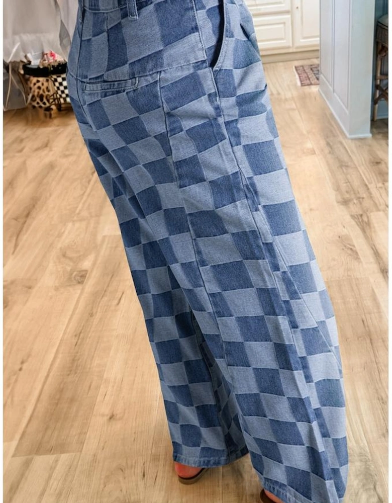 Dusk Blue Checkered Denim Wide Leg Jeans