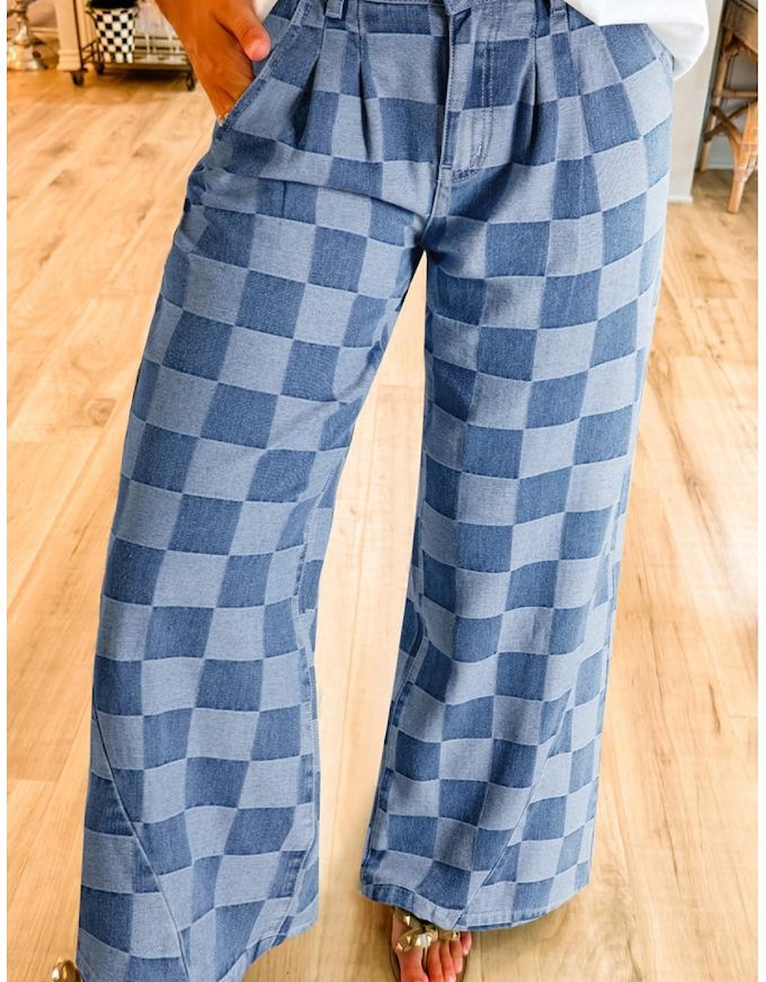 Dusk Blue Checkered Denim Wide Leg Jeans