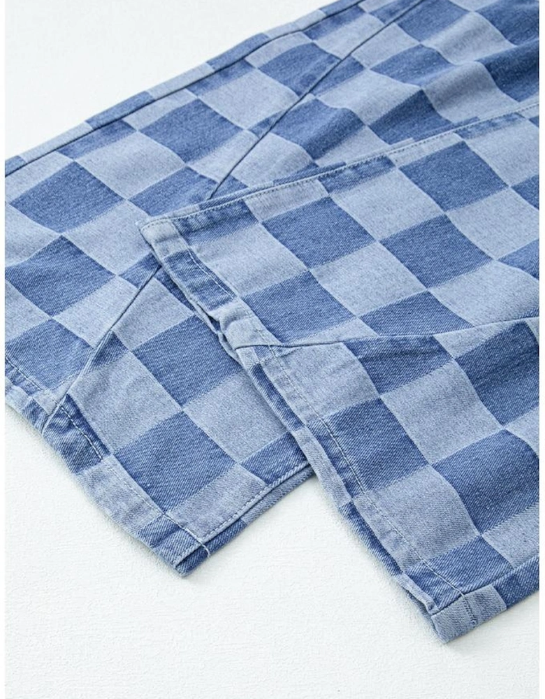 Dusk Blue Checkered Denim Wide Leg Jeans