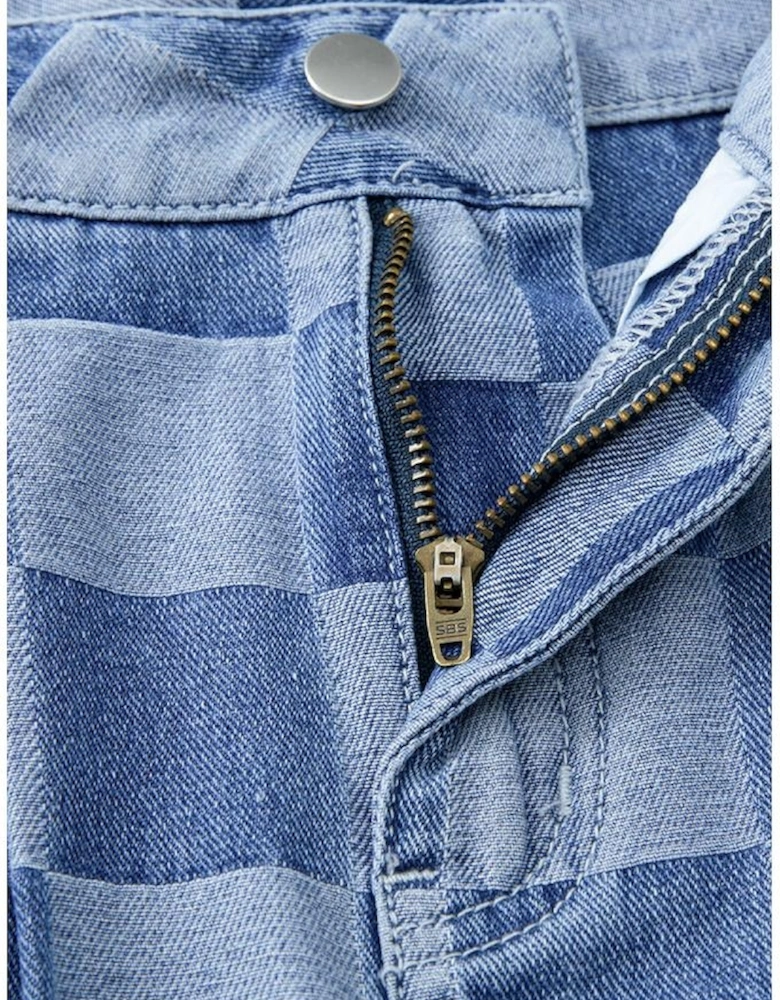 Dusk Blue Checkered Denim Wide Leg Jeans