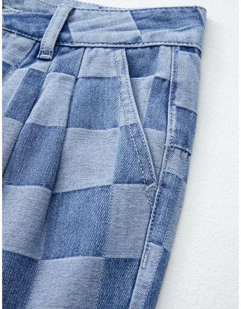 Dusk Blue Checkered Denim Wide Leg Jeans