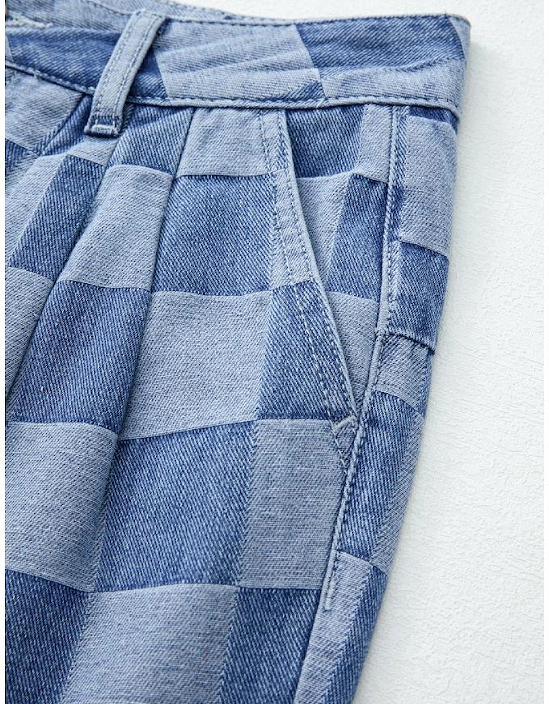 Dusk Blue Checkered Denim Wide Leg Jeans