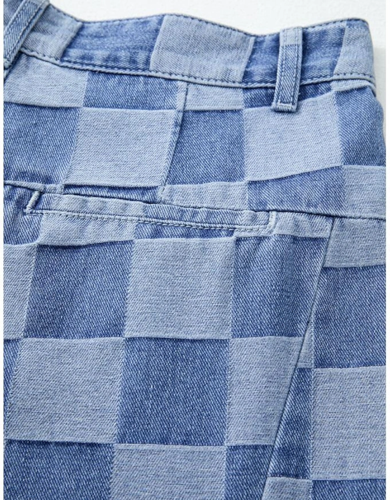Dusk Blue Checkered Denim Wide Leg Jeans
