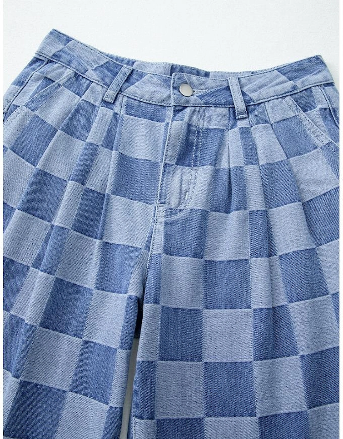Dusk Blue Checkered Denim Wide Leg Jeans