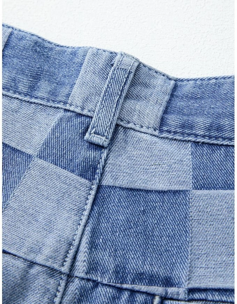 Dusk Blue Checkered Denim Wide Leg Jeans