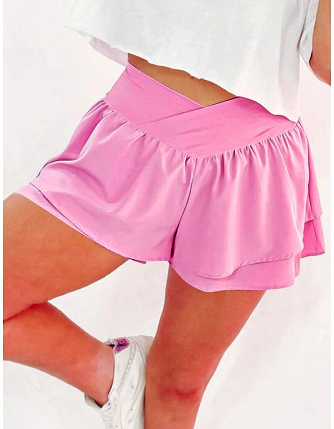 Bright Pink Crossed Waist Tiered Flowy Shorts