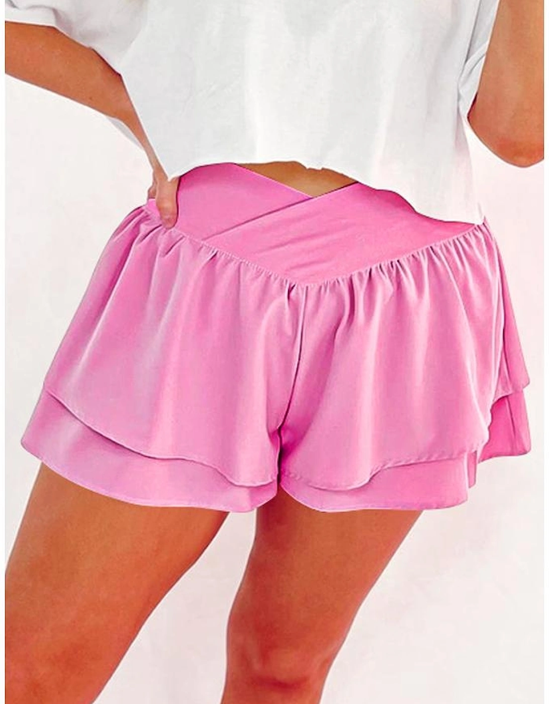 Bright Pink Crossed Waist Tiered Flowy Shorts