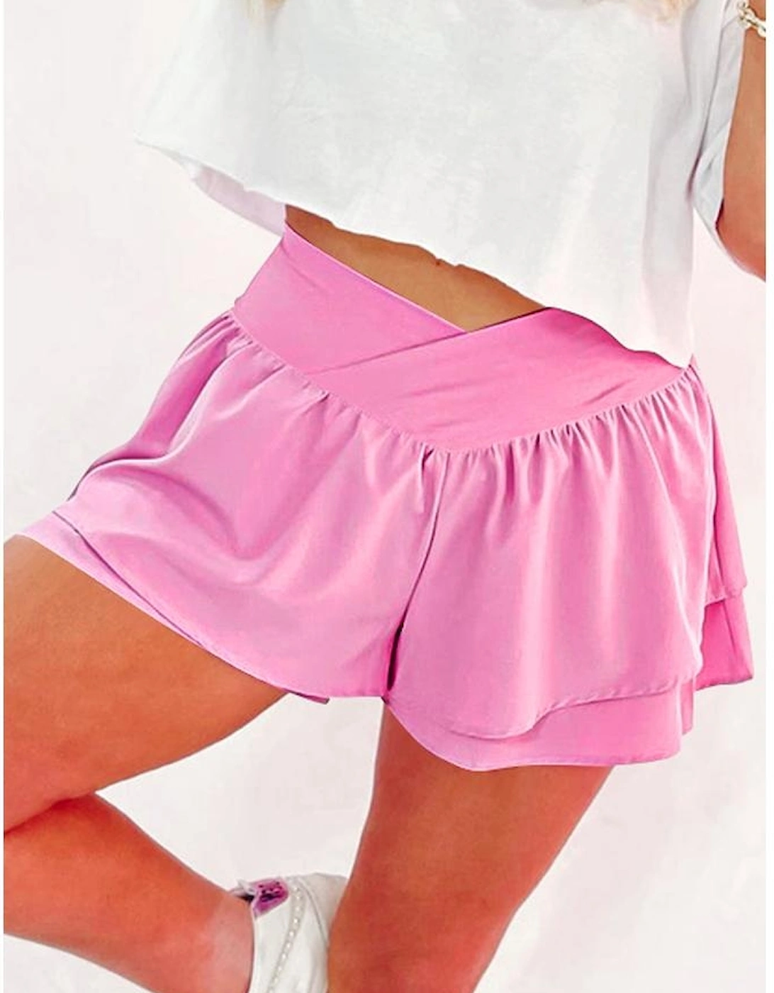 Bright Pink Crossed Waist Tiered Flowy Shorts