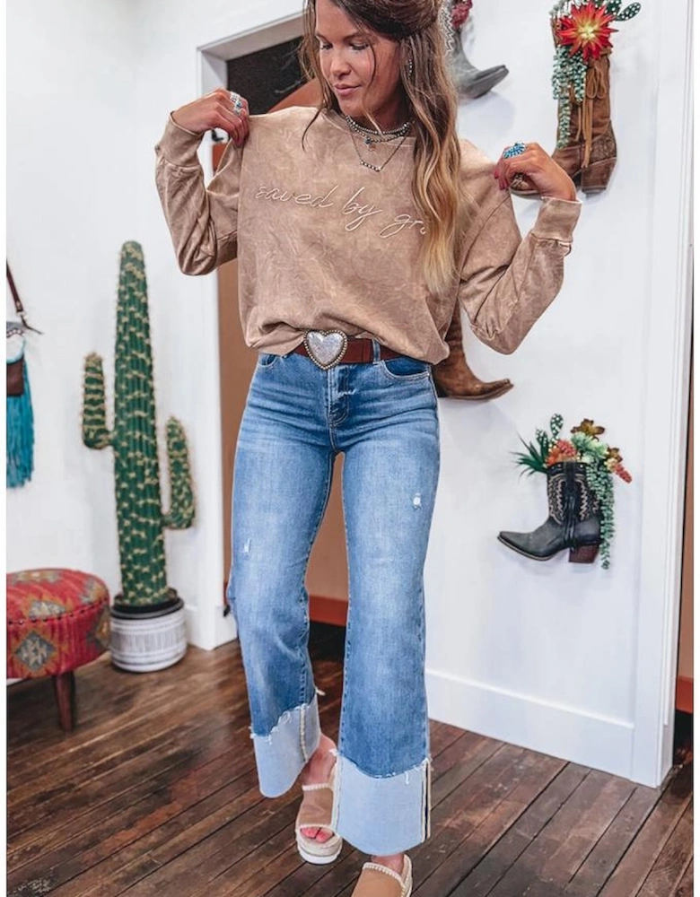 DUNE saved by grace Letter Embroidery Mineral Wash Loose Sweatshirt