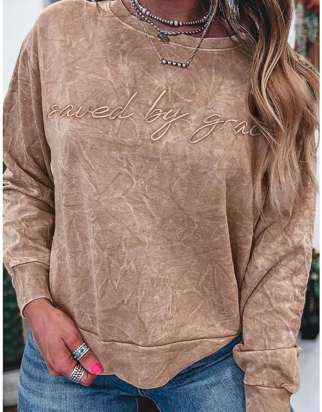 DUNE saved by grace Letter Embroidery Mineral Wash Loose Sweatshirt