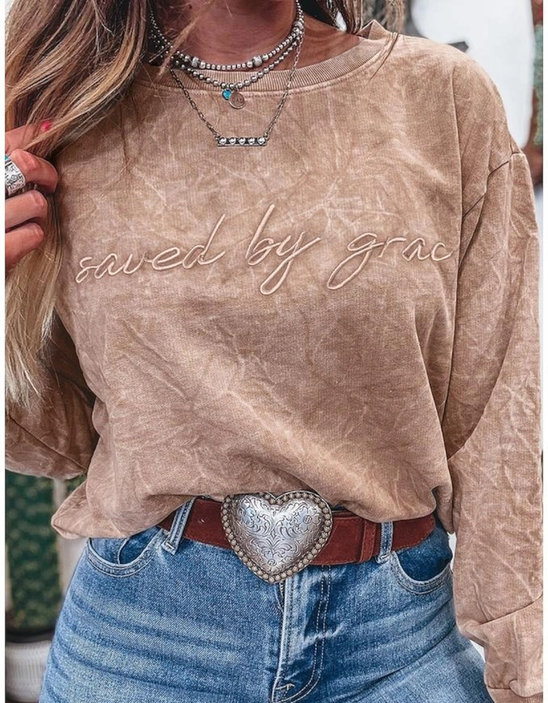 DUNE saved by grace Letter Embroidery Mineral Wash Loose Sweatshirt