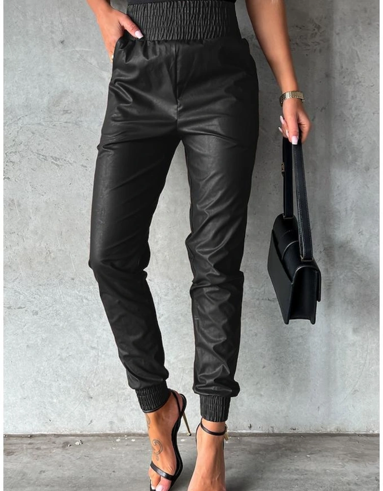 Black Smocked High-Waist Leather Skinny Pants