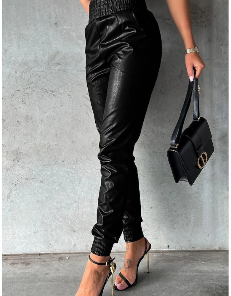 Black Smocked High-Waist Leather Skinny Pants