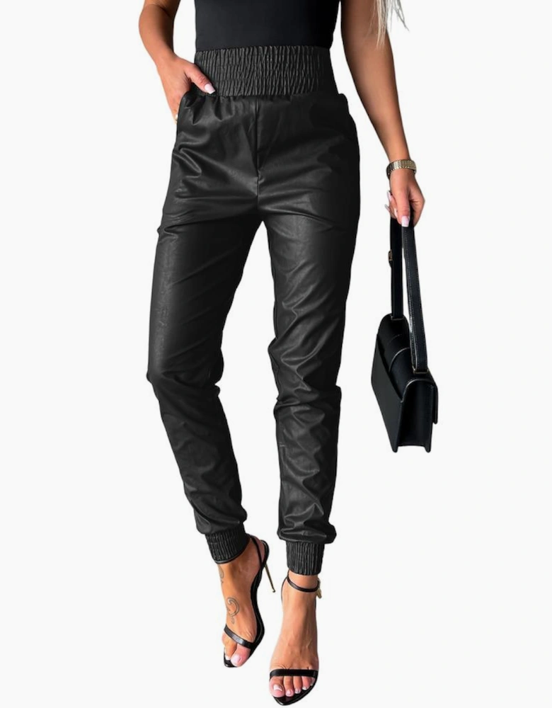 Black Smocked High-Waist Leather Skinny Pants