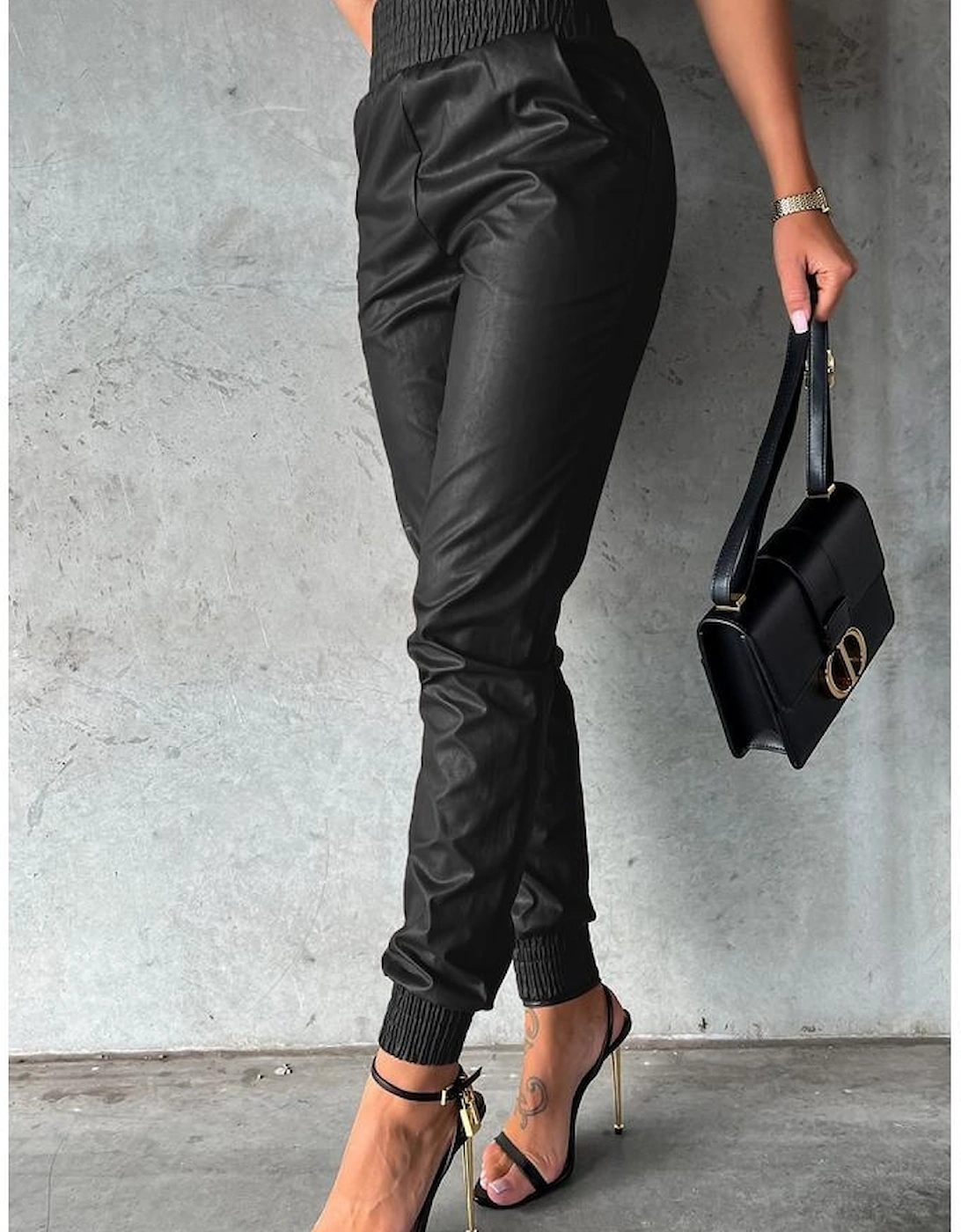 Black Smocked High-Waist Leather Skinny Pants