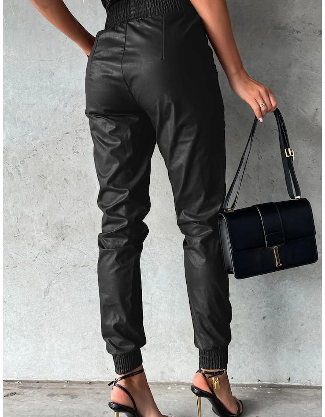 Black Smocked High-Waist Leather Skinny Pants, 6 of 5