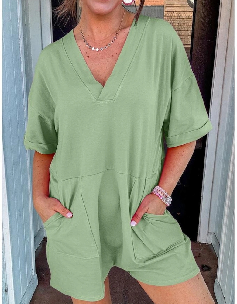 Grass Green Loose Half Sleeve V Neck Knit Romper