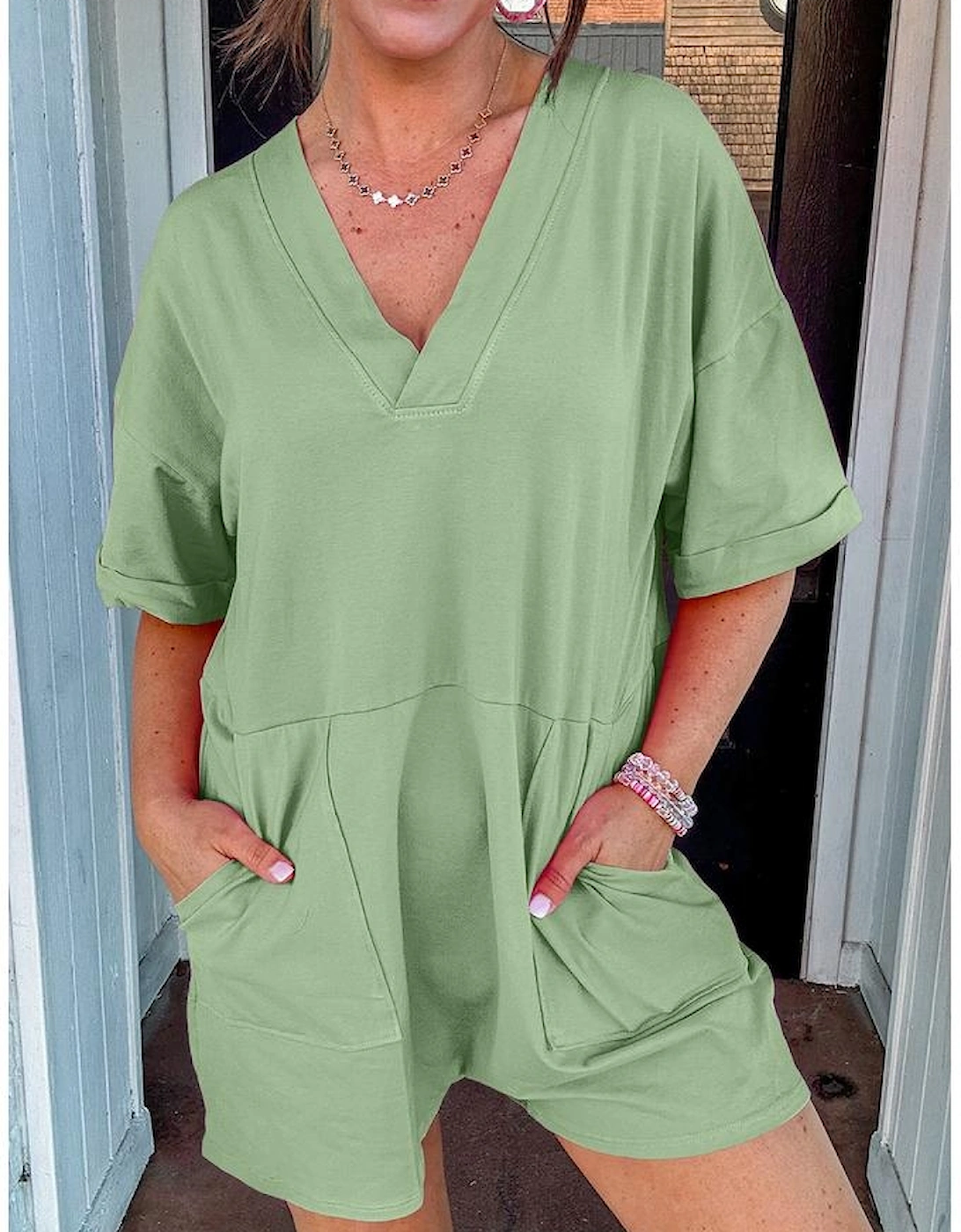 Grass Green Loose Half Sleeve V Neck Knit Romper