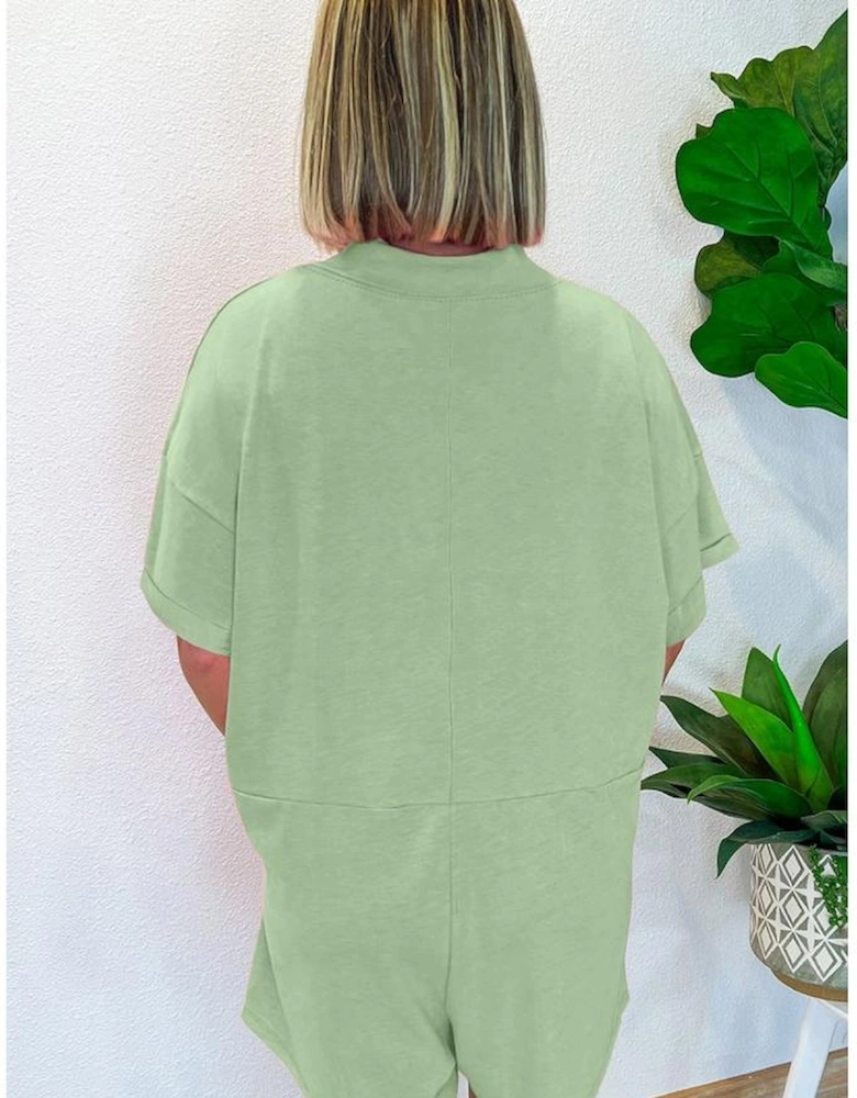 Grass Green Loose Half Sleeve V Neck Knit Romper