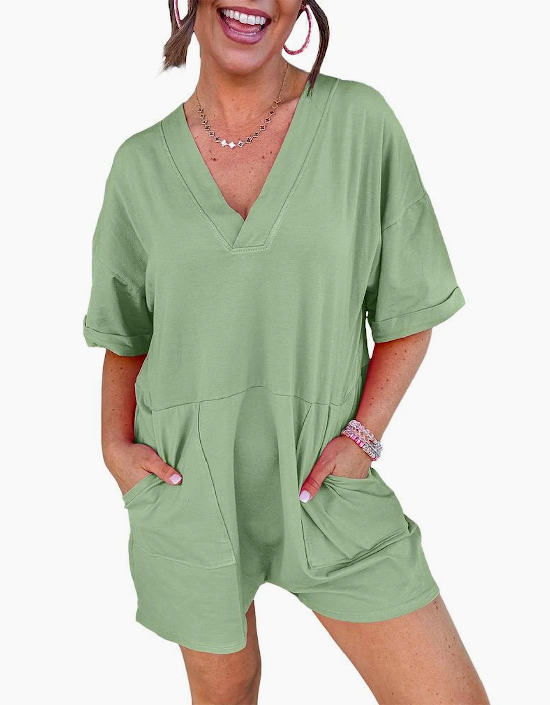 Grass Green Loose Half Sleeve V Neck Knit Romper