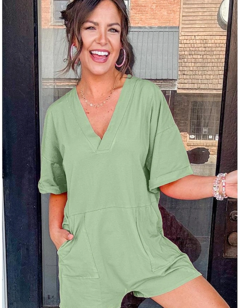 Grass Green Loose Half Sleeve V Neck Knit Romper