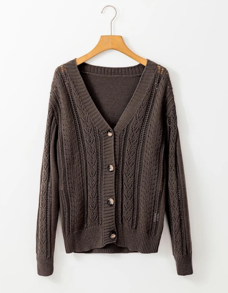 Dark Khaki Open Knit Drop Shoulder Sweater Cardigan
