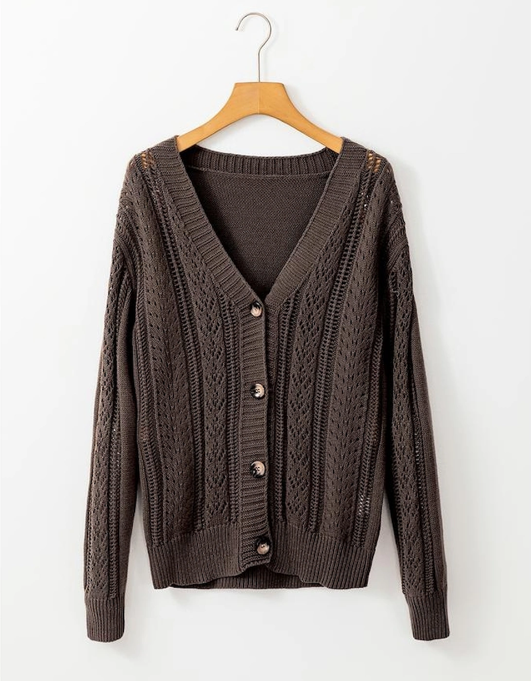 Dark Khaki Open Knit Drop Shoulder Sweater Cardigan