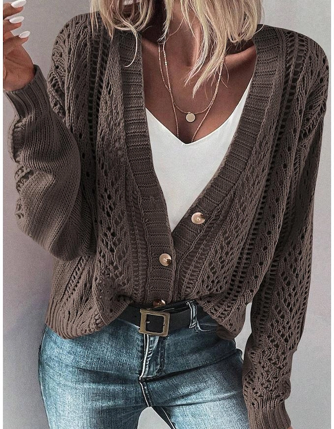 Dark Khaki Open Knit Drop Shoulder Sweater Cardigan